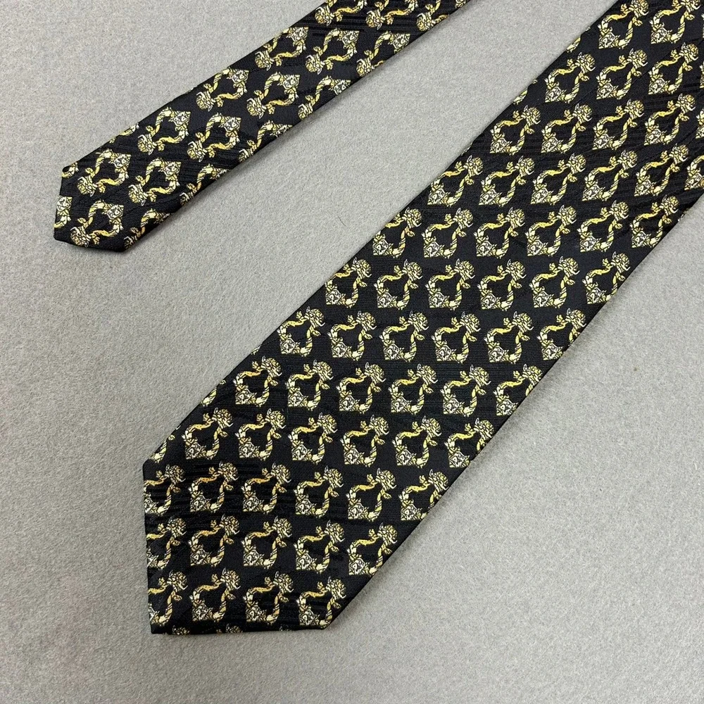Brioni Necktie Silk Ornate Crest Pattern Mens OS Black Gold